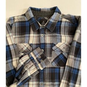 Prana Button Flannel Shirt Mens Large Blue Black Plaid Pockets Long Sleeve